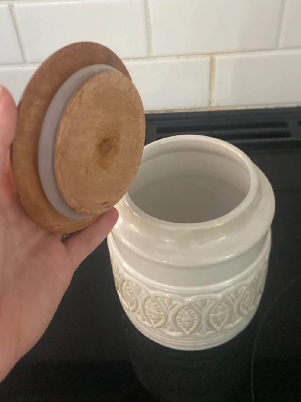 Pier 1 Ceramic Canister with Wood Lid